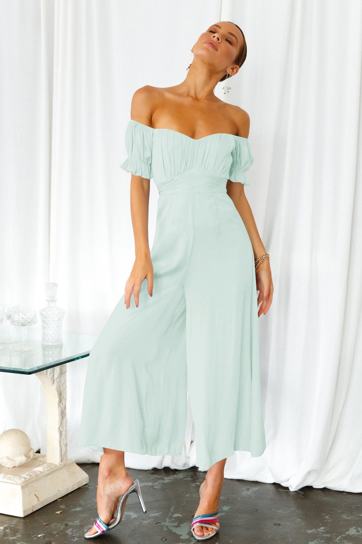 solid color one-word collar short-sleeved wide-leg jumpsuit NSMID128549