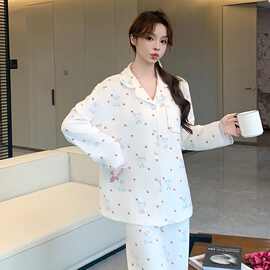 秋冬季新款睡衣女海岛绒长袖开衫翻领简约甜美休闲洋气家居服套装