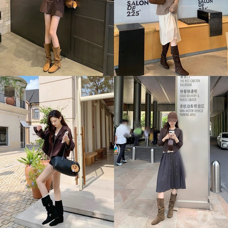 牛皮版~复古绒面交叉带平底褶皱堆堆靴女大筒围显瘦内增高中筒靴|undefined