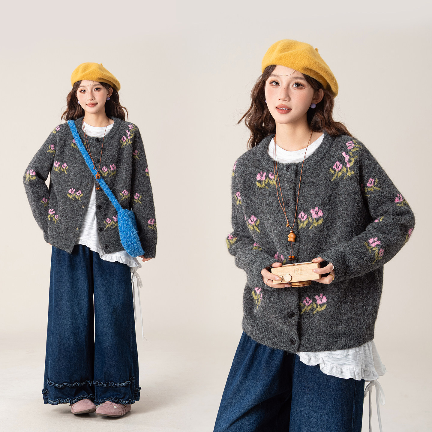 复古绿色花朵圆领毛衣外套女2026秋冬季新款宽松软糯针织开衫上衣