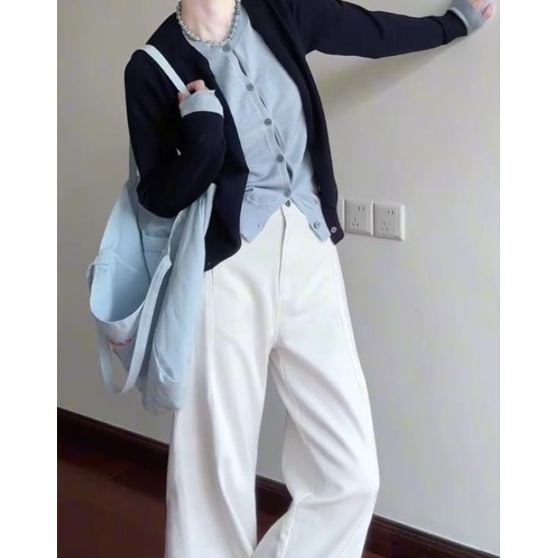 秋季韩系穿搭一整套绝美漂亮小套装假两件针织开衫阔腿裤子两件套|undefined