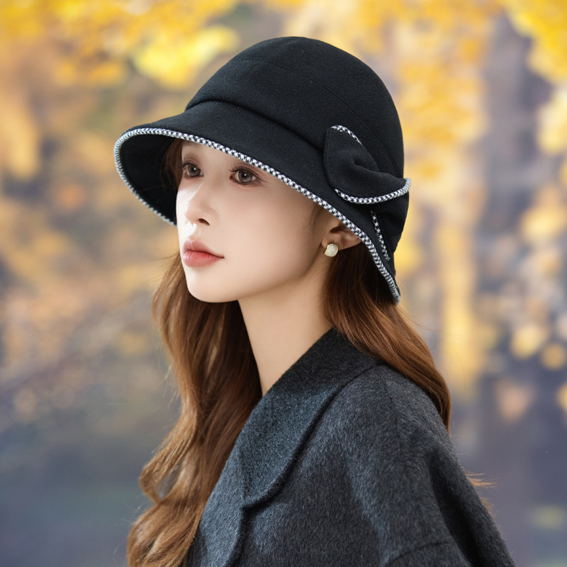 秋冬季帽子女休闲百搭渔夫帽名媛风时尚蝴蝶结盆帽气质优雅保暖帽|undefined