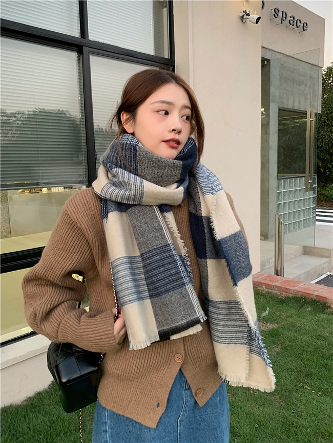 Sciarpa a quadri blu bianco super morbida per le donne in autunno inverno, spessa e calda, sciarpa in imitazione cashmere, coreana_voghion.com