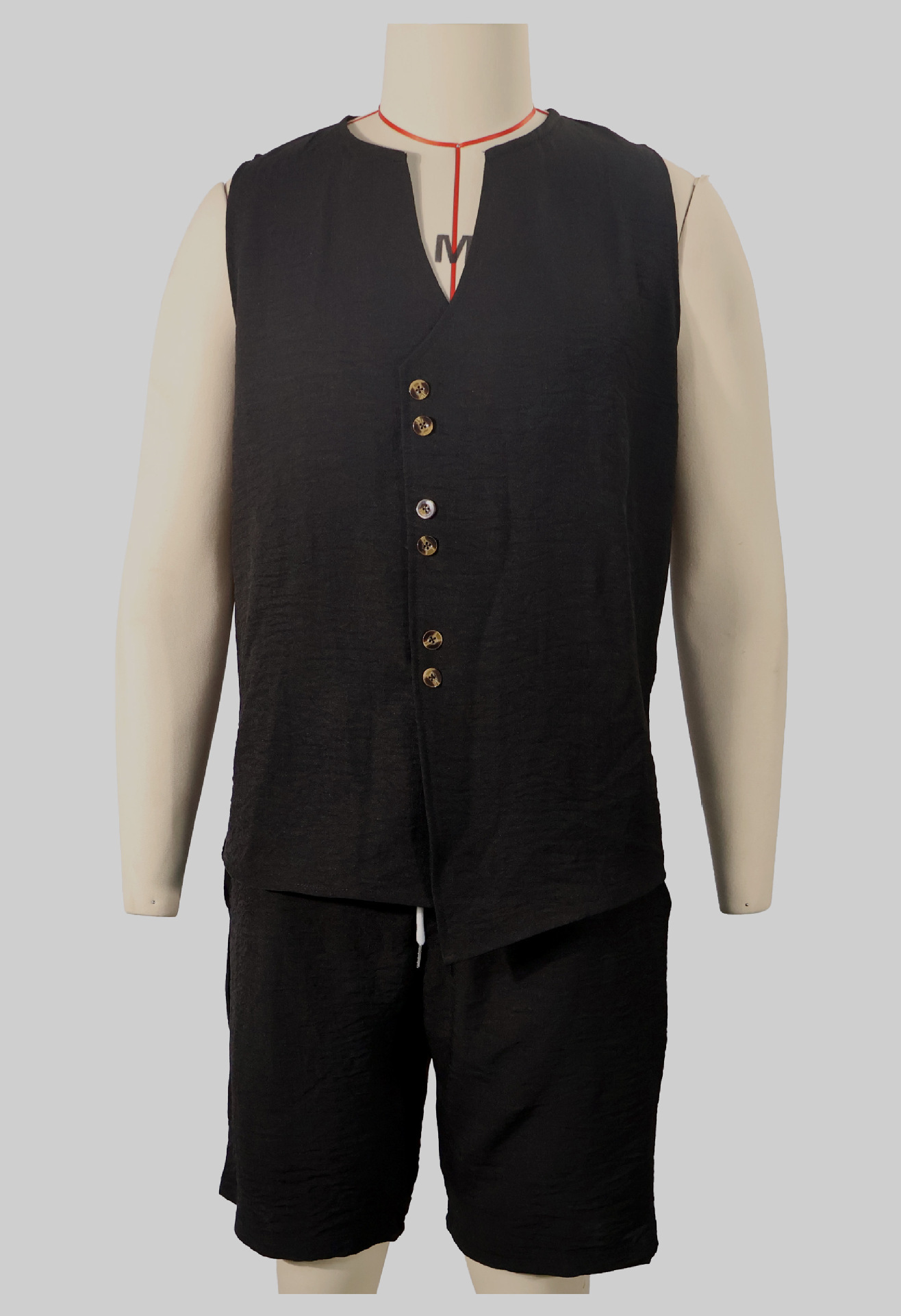 Men's Irregular Casual Cotton Linen Two Piece Set V Neck Button Sleeveless Top with Shorts_viptrois.com