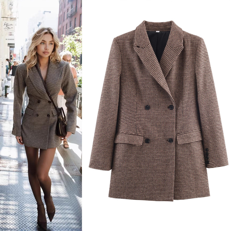Za Foreign Trade Cross-Border Spot Wholesale European and American Style Women's Autumn Fashion Trendy Houndstooth Mid-Length Blazer