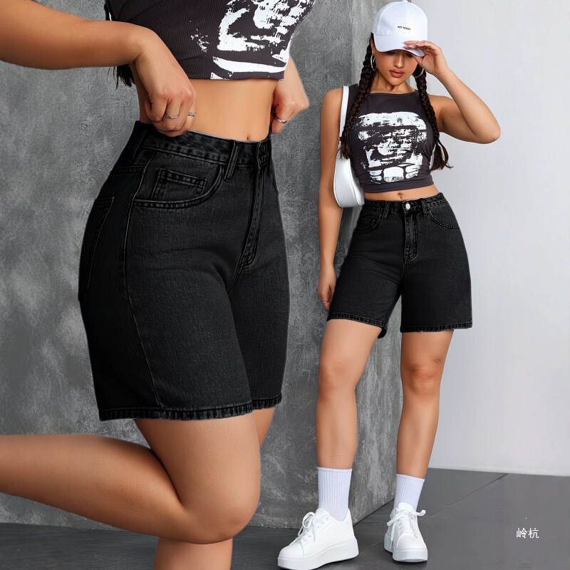 26-Year-Old European and American Style High-Waisted Black Denim Shorts for Women, Stretchy, Slim-Fit, Straight-Leg, Mid-Length, Trendy Cross-Border Hot Item