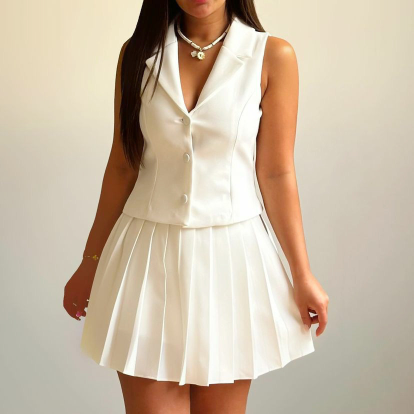 African Spring/Su New European American Women's Outfit: Sleeveless Vest And Pleated Short Skirt Two-Piece Set For_ecoleips.com