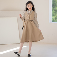 亲子装女童假两件连衣裙千鸟格女孩衣服2025秋款学院风中大童女装
