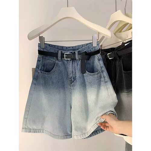 2025 summer new high-waist straight denim shorts, women's European goods, retro light blue casual five-quarter pants, mid-pants