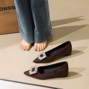 9121-K90 French pointed single shoe for women, flat bottomed leopard print rhinestone square buckle suede, with increase