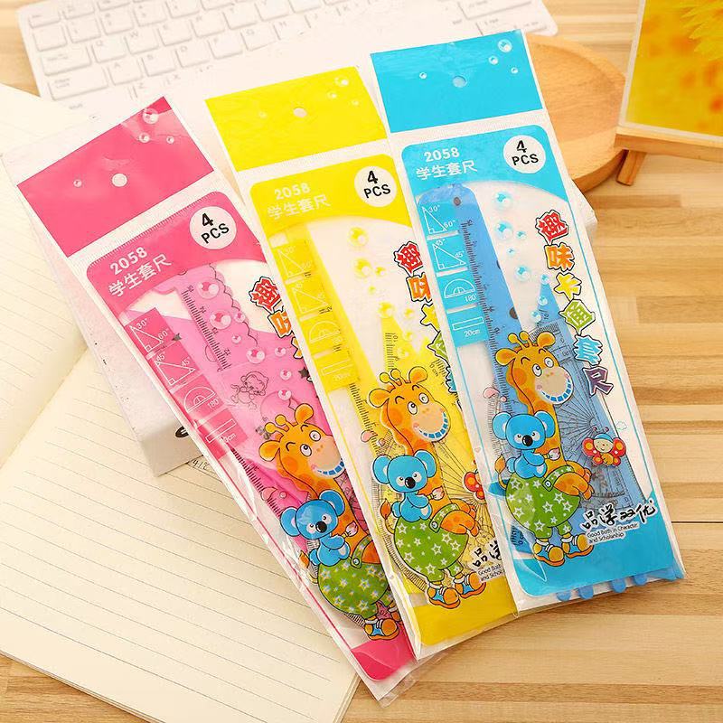 Juego de cuatro piezas con forma de animal de dibujos animados, papelería para estudiantes, triángulo de jirafa, regla de medición, premio de vacaciones