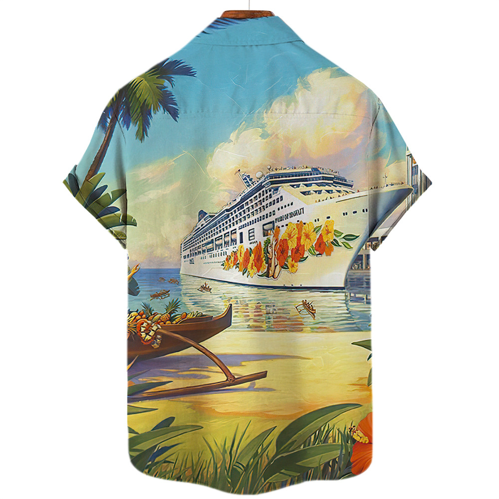 Breathable Function Wholesale Men's Vacation Cartoon Landscape Short Sleeve Printing Men's Tops