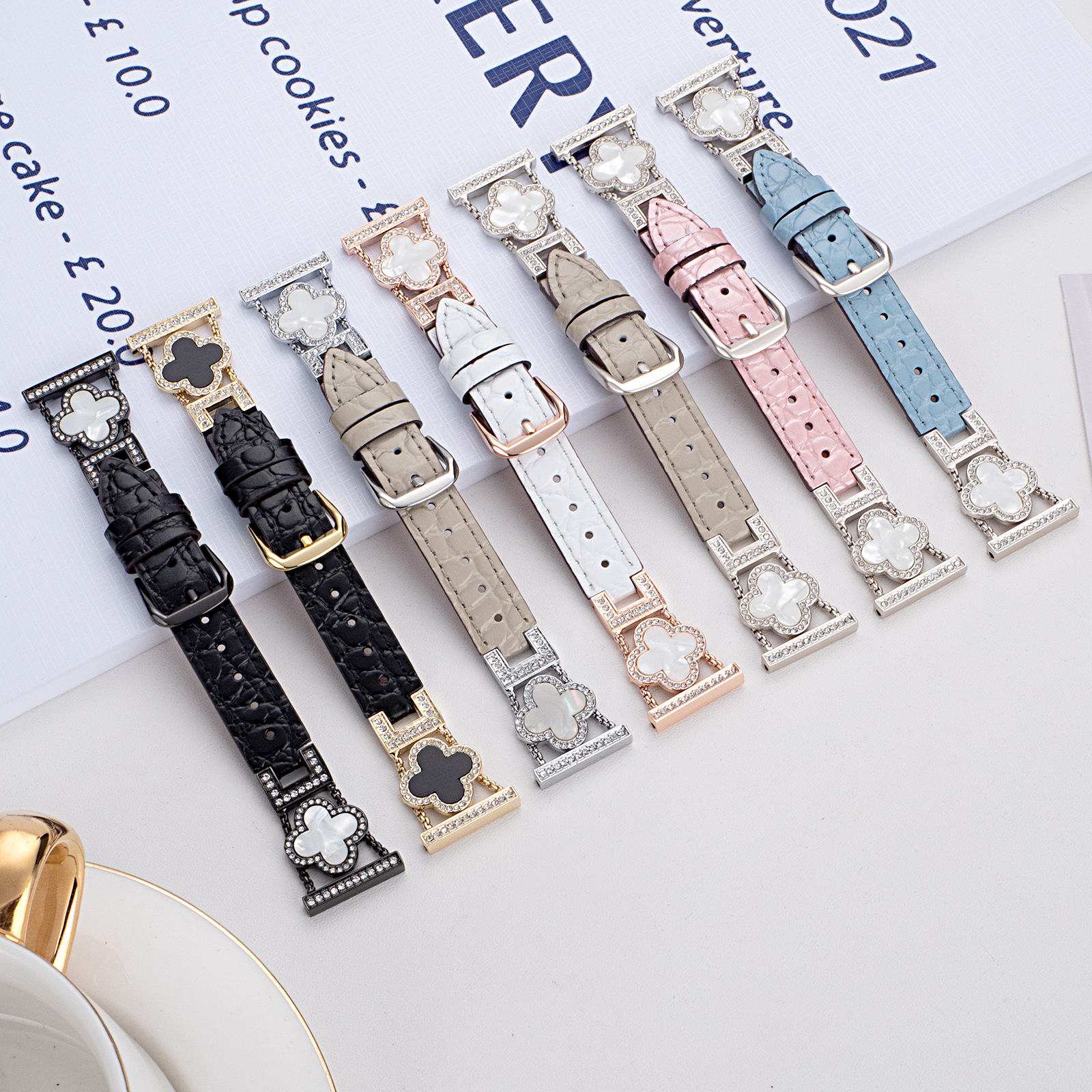 For Apple Iwatch Watch Strap Metal Stitching Four-leaf Clover Crocodile Pattern applewatch Women's Watch Strap