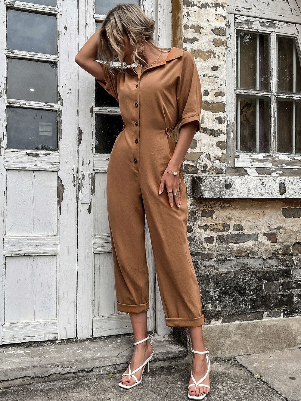 Casual Solid Color Single-Breasted Lapel Mid-Sleeve Jumpsuit - Jumpsuits & Rompers - Uniqistic.com