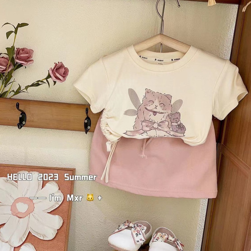 Sweet and Cool Cat Style Cat T-shirt Set Design-Savvy Minority Drawstring Two-Piece Summer Outfit for Girls