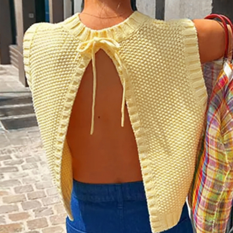 Foreign Trade Cross-Border European and American Amazon Source Manufacturer Knitted Sweater Women's Round Neck Backless Vest Pullover Spring and Summer