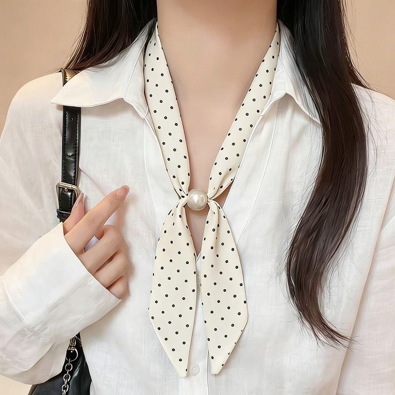 16# commute-ready versatile off-white polka dot scarf with pearl button closure, 4*120cm