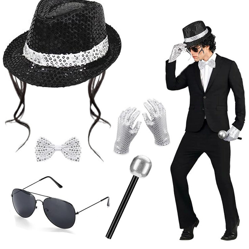 Disco Stage Performance Sequin Hat Tie Glove Set Wholesale Michael Jackson Dress up Accessories