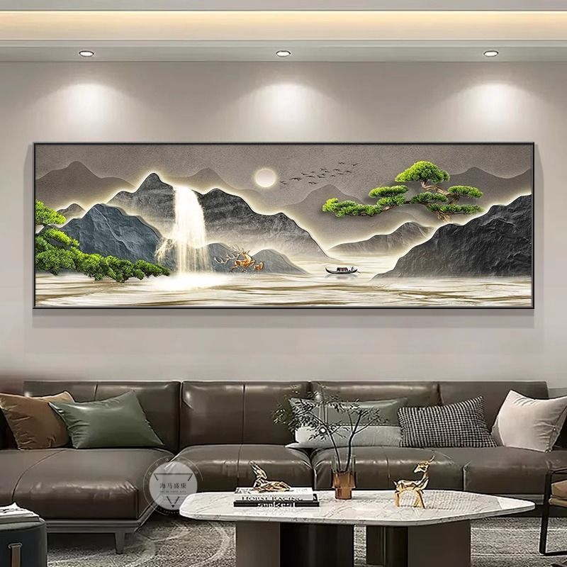 流水生財客間装飾画新中国式ソファー背景壁掛け画迎客松禅意茶室山水壁画|undefined