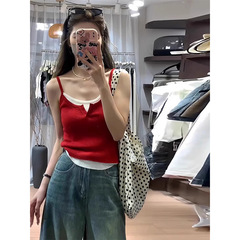 辣妹紅色修身假兩件無袖上衣女夏季外穿短款抹胸百搭吊帶背心內搭