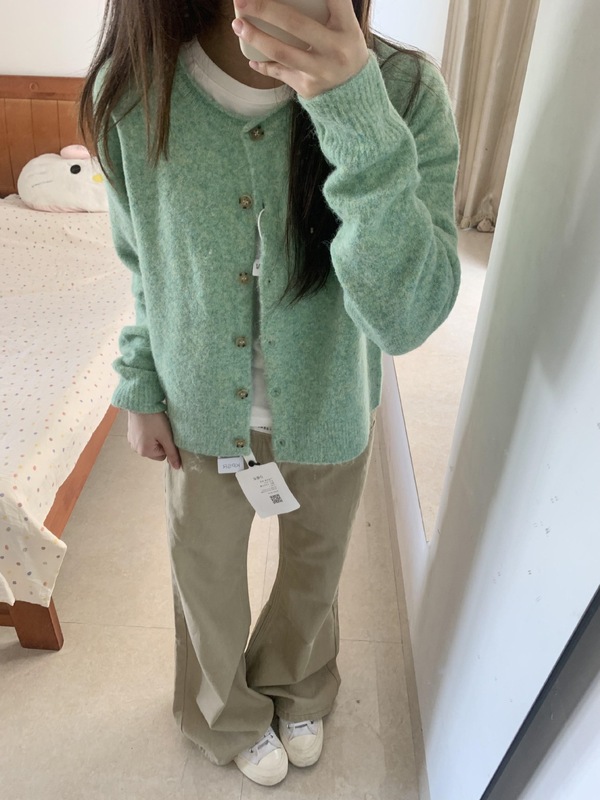 韩系小个子穿搭绿色早秋季开衫毛衣外套女宽松百搭软糯针织衫上衣|undefined