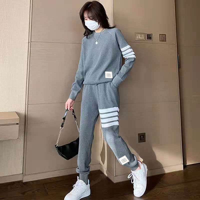 854 # Waffle Sports Suit for Women 2025 Spring & Fall New Loose Four-Stripes Large Size Student Casual Two-Piece Set