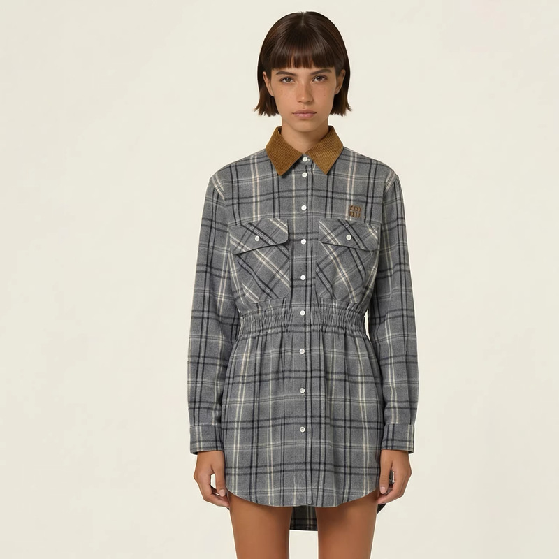 Miu Series "Shenzhen Nanyou" Plaid Waist-Cinching Dress with Corduroy Collar and Patchwork Design, Embroidered Leather Logo