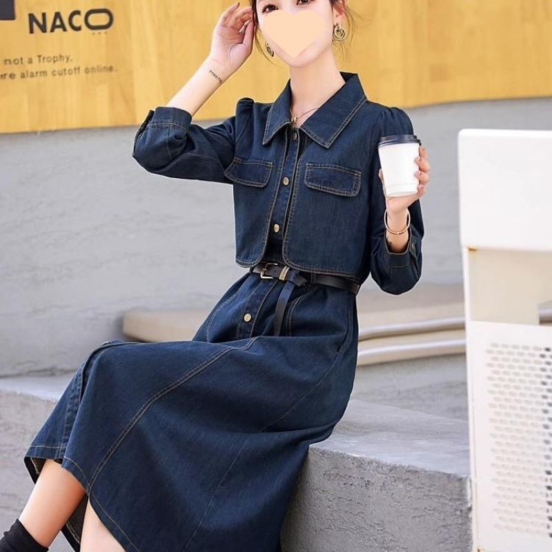 デニム長袖ドレス女性のための春と秋 2025 新しいハイエンドフレンチスタイルウエスト痩身シャツロングスカート|undefined