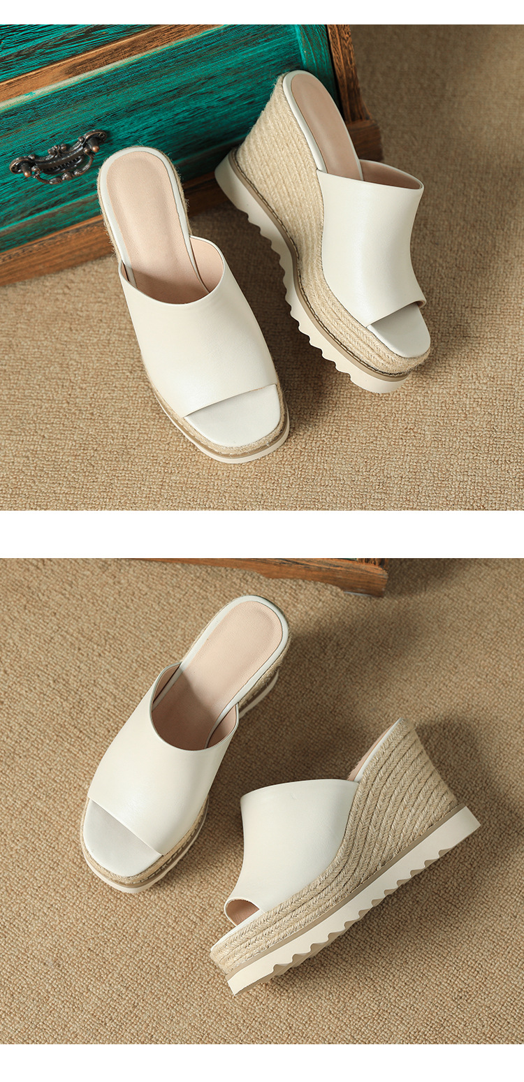 Sandal cao gót nữ hở mũi đế xuồng đan rơm phong cách La Mã — màu nâu, màu trắng ngà chi tiết 11