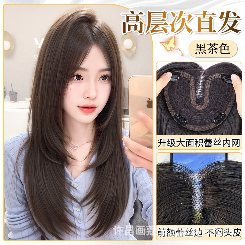 6.0 hair-free net with hand-woven lace straight hair in the middle [black brown]