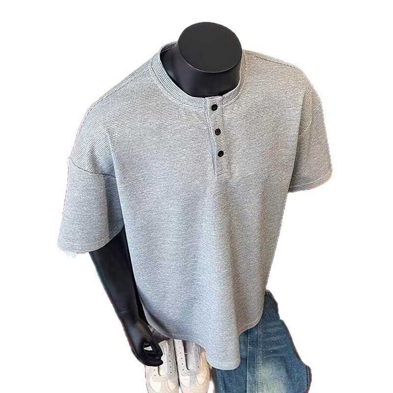 Men's Gray Waffle T-shirt Henry Collar Casual Summer Tee_voghion.com