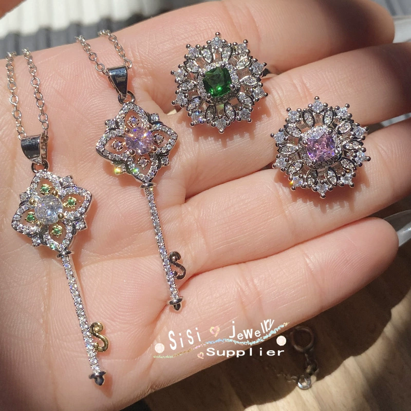 SISI Flower Fairy новые изделия, позолоченный комплект с изумрудом, микроинкрустация крошечными кристаллами, кулон-ключ для девочки