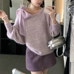 系带蝴蝶结亮片软糯针织衫上衣2025秋新款韩系宽松甜美毛衣套头女