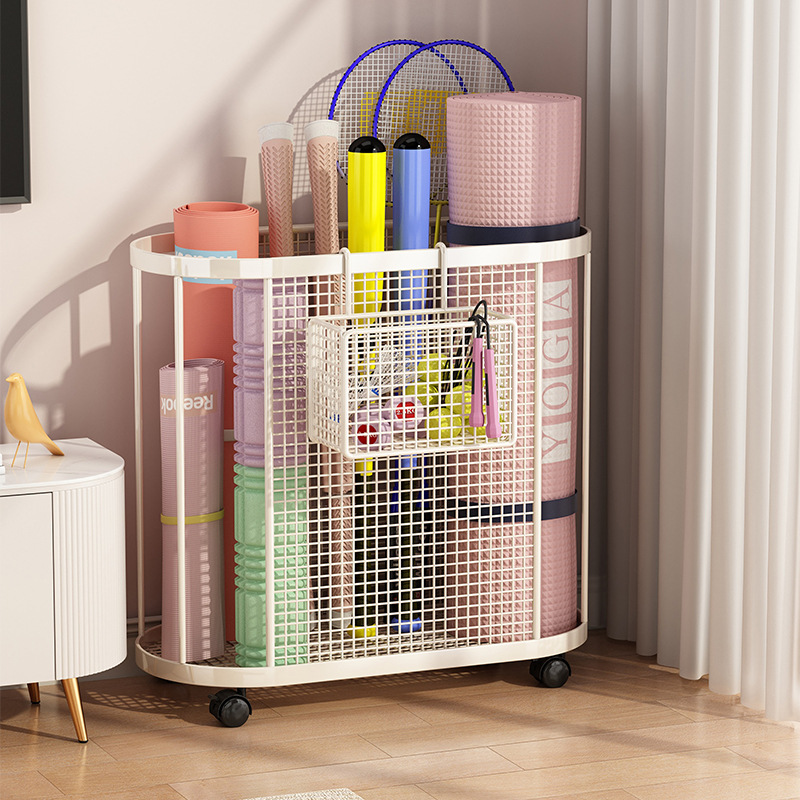 Home Door Yoga Mat with Wheeled Storage Basket Removable Fitness Equipment Storage Box Storage Rack