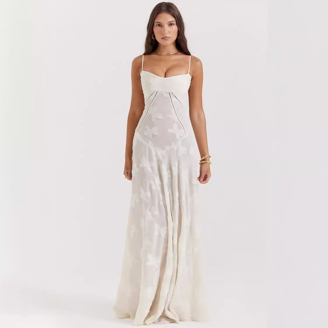 Sexy Sleeveless Strap Backless dress Women's Chiffon Embroidered Square Collar Ball Evening Dress dress