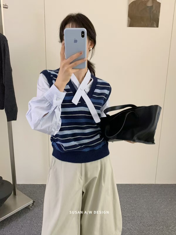苏珊 2025秋季新款韩系复古撞色条纹V领假两件针织衫上衣女27028|undefined