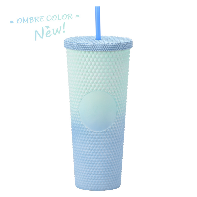 二層プラスチックストローカップ大容量クリエイティブ 710 ミリリットルドリアンカップハンドカップ発光変色レインボーグラデーションカップ|undefined