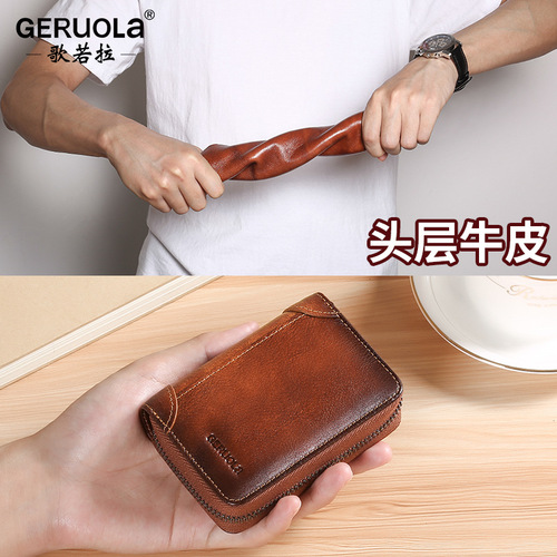 Card holder for men with large capacity and multiple card slots, polished first-layer cowhide, exquisite high-end genuine leather accordion zipper bag card holder wholesale