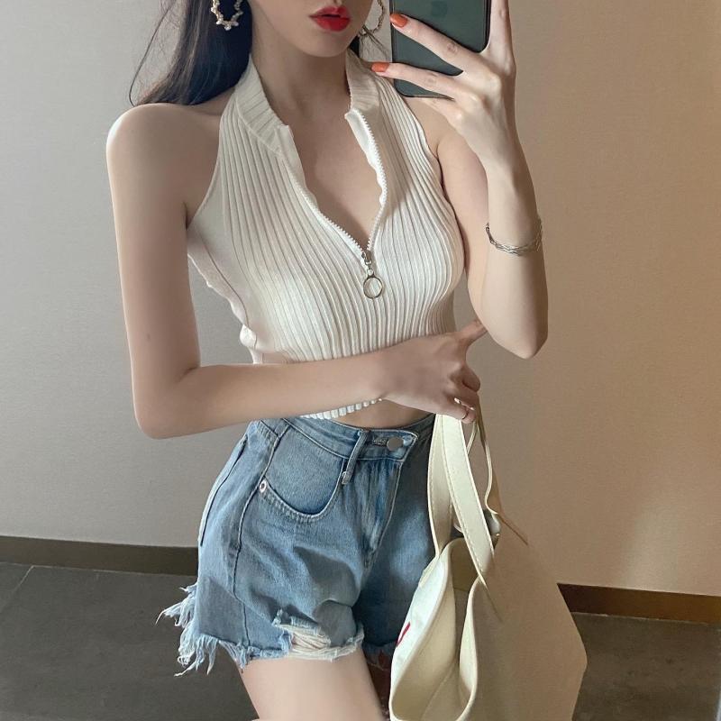 Knitted Zipper Hanging Neck Backless Base Sexy Short Navel Beautiful Back Small Vest Top Fashion Women's Fashion