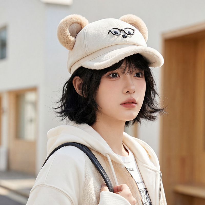 2026 nueva moda coreana dulce sombrero de viento osos de caricatura lindo sombrero de béisbol otoño invierno gorra de lengua de pato gruesa