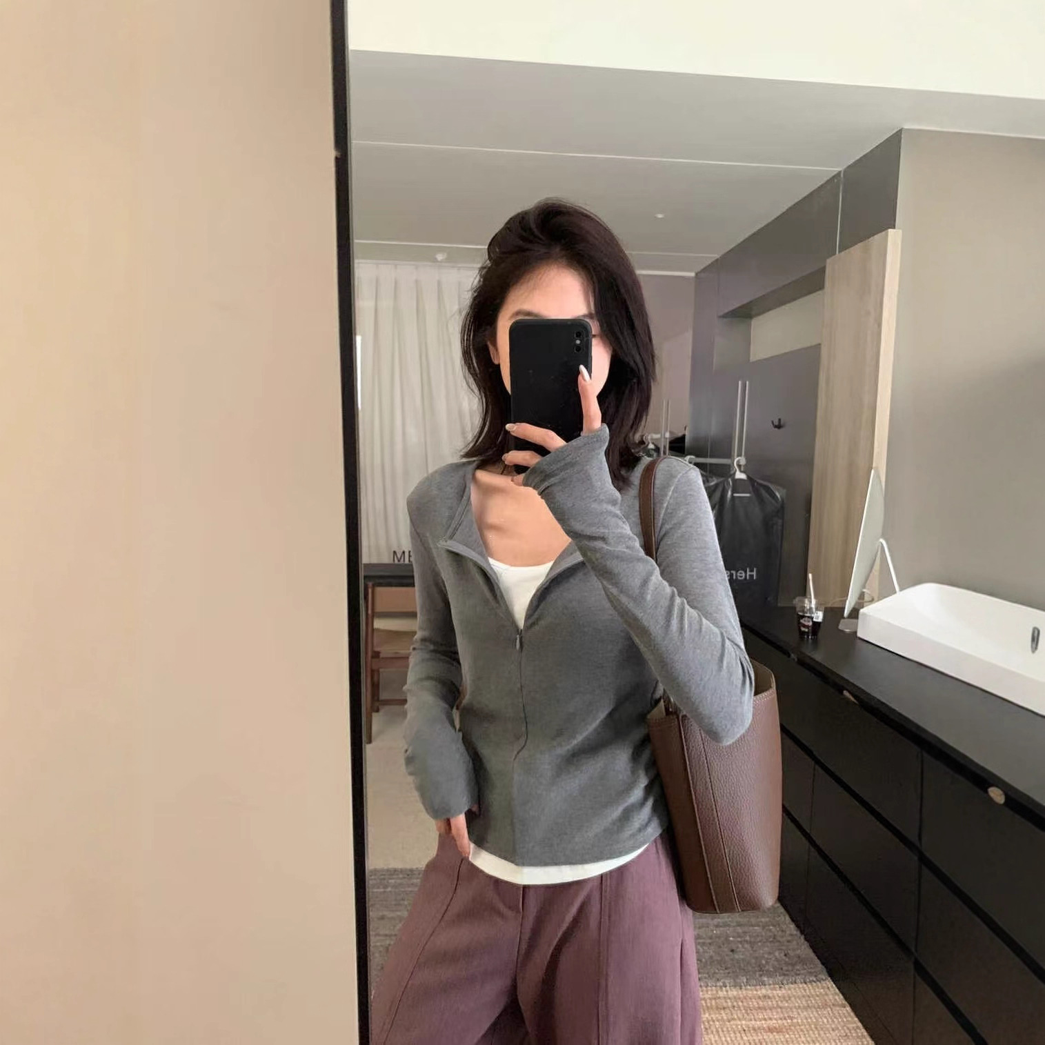 妙安娜羊绒高品质加厚显瘦撞色拼接假两件百搭半拉链打底衫长袖女