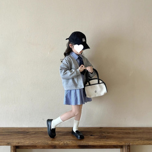 2025 Spring New Korean Style Jacket for Small and Medium Girls Single-Breasted Jacket Casual Tie Plaid Dress