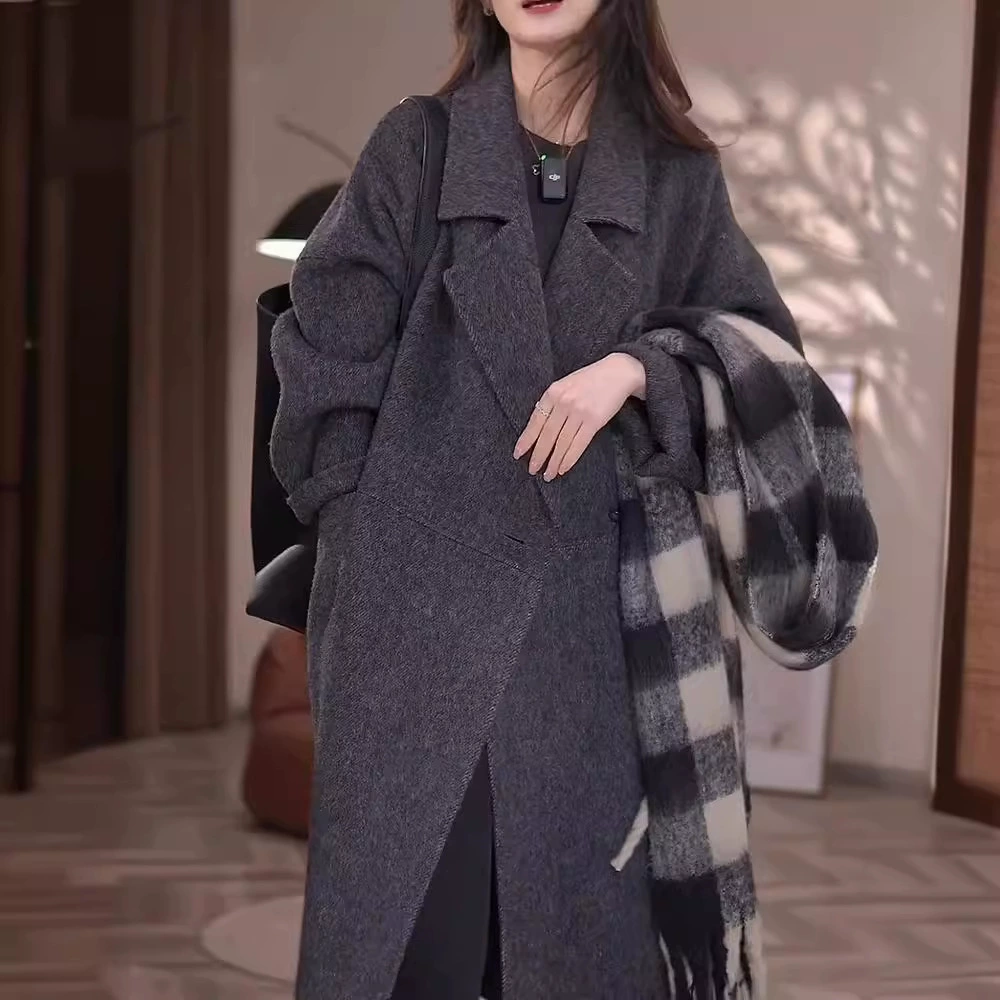 Зимнее эдинбургское двустороннее шерстяное пальто, женское длинное осенне-зимнее свободное корейское платье с роговой пряжкой, новое шерстяное пальто