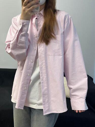 Korean retro blue striped shirt, female niche design casual shirt, summer new shirt and coat