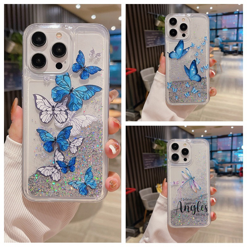 Suitable for 15ProMax phone case, Apple 14 Butterfly Dragonfly Sparkling Powder, Sand S24 Protective Case, Mate60 Trendy_voghion.com