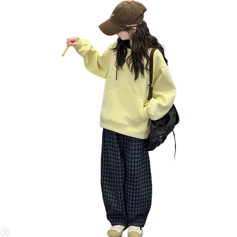 女童春秋卫衣套装2025新款女大童秋季连帽上衣儿童格子裤两件套潮|undefined