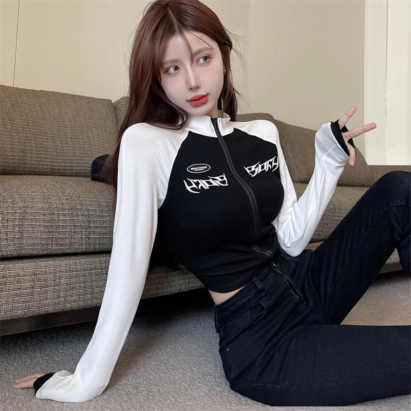 2026 Retro Motorcycle Style Half-High Collar Short Zipper Jacket for Women, Spring and Autumn Spicy Girl Tight-Fitting High-Waisted Long-Sleeve T-Shirt