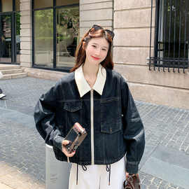 撞色翻领韩里韩气牛仔外套2025新款女春秋设计感休闲洋气工装夹克