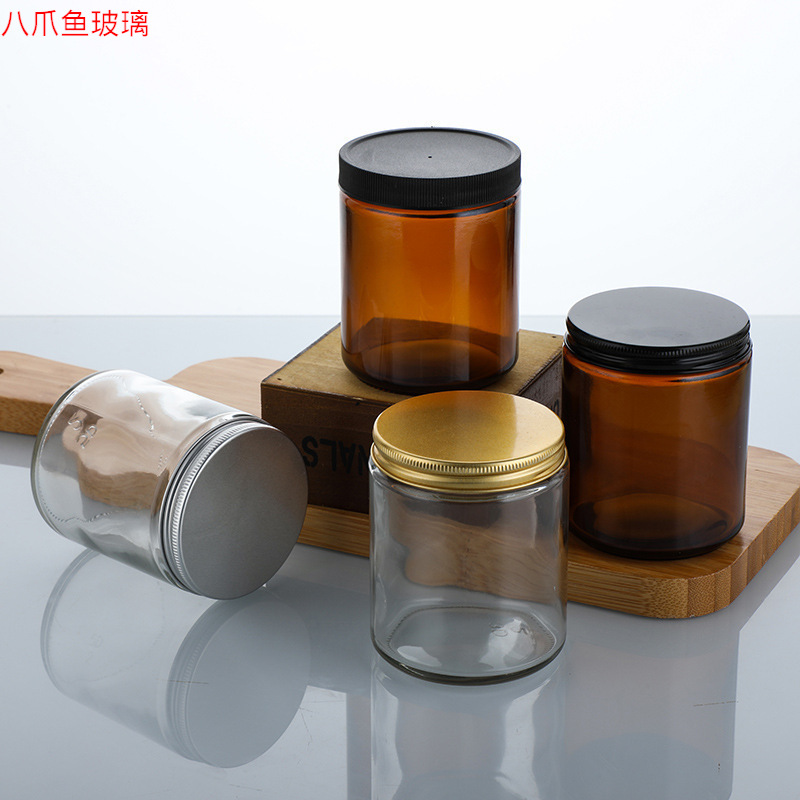 批发彩色大口玻璃蜡烛杯香薰蜡烛罐空瓶茶色带盖玻璃烛台装饰摆件