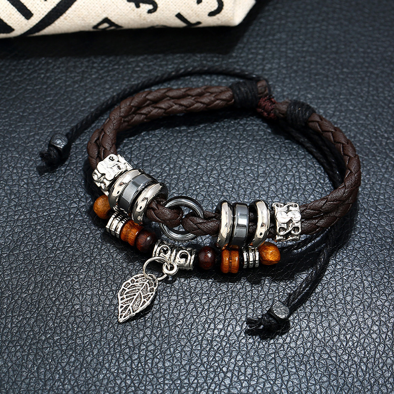 Trendy and Creative Alloy Woven Leaf Pendant Couple Leather Bracelet Cross-Border E-Commerce Handmade Jewelry
